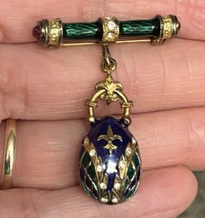 Vintage Egg Pendant Brooch Enamel Blue Green Rhinestone Marked 925 Fleur De Lis