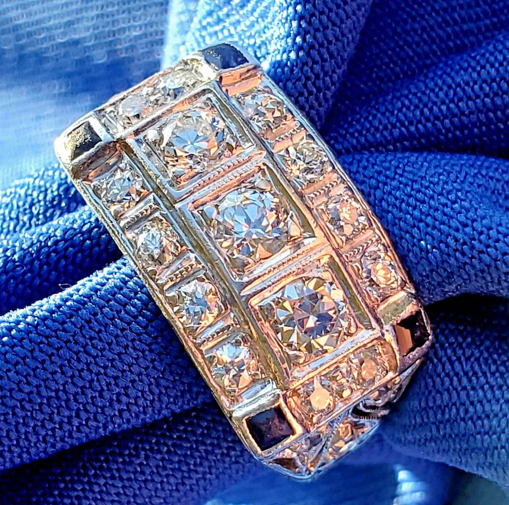 Original EARTH MINED DIAMOND Deco Statement Ring PLATINUM Sapphire 14K GOLD Band