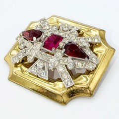 Signed 1940s McClelland Barclay Gold-Tone Ruby Red & Clear Rhinestone Pin