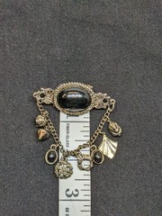 Vtg Victorian Revival Dangle Charm Brooch Black Cabochon Bronze Tone Emo Gothic