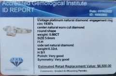 Vintage Platinum Engagement Ring 0.80CT.Natural Euro Cut Diamond Circ 1930’s