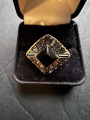 Vtg RETRO Mid-Century Brass Gold Tone Black Glass Rhinestone Ring Sz 10 Womens