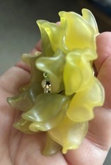 Vtg Frosted Green Soft Molded Plastic Rhinestone Flower Brooch SilverTone