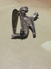 LIZ GATTA Angel Pin Brooch Silver Pewter GOLD TONE Signed Safety Catch Designer