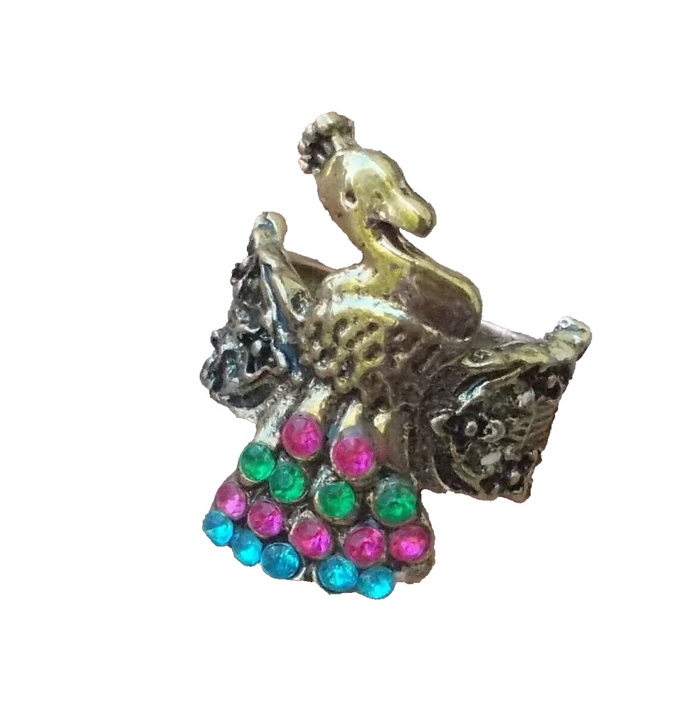 Peacock Ring w/Blue Iridescent Set-In Rhinestones Size 8 Silver Tone Vintage