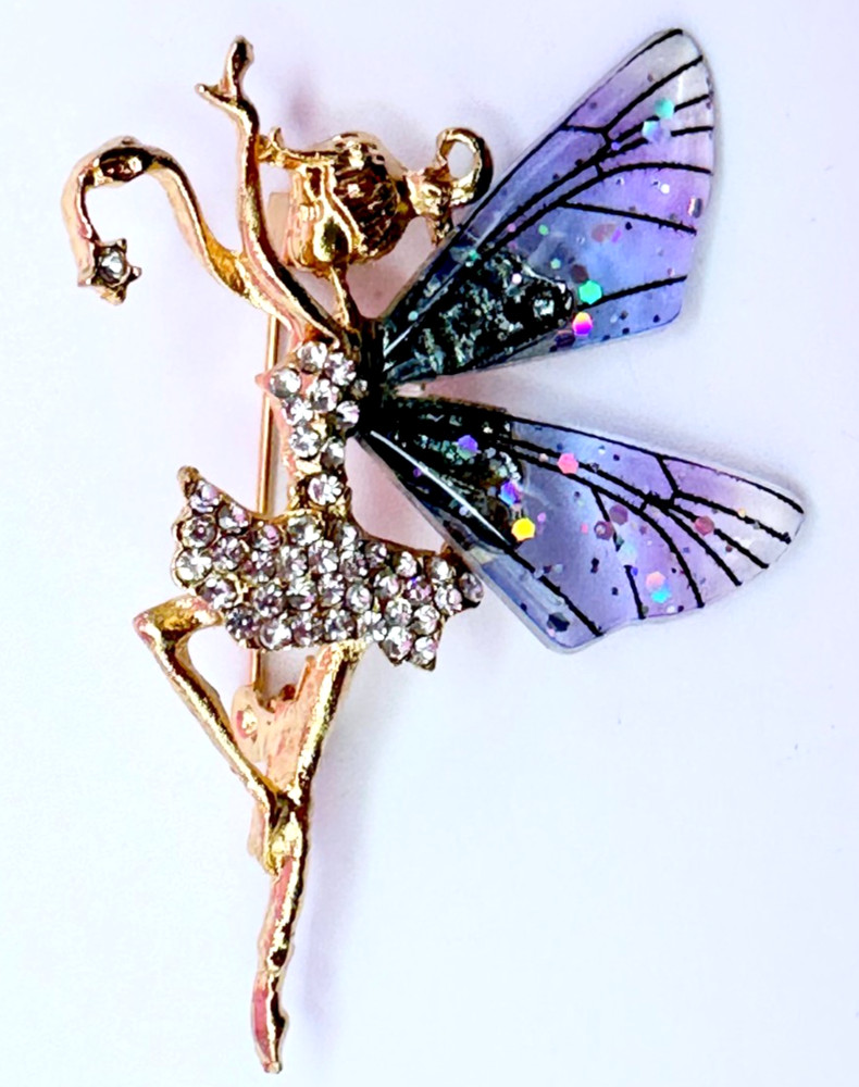Gold Tone Rhinestones & Fairy With Purple Wings Brooch Contemporary