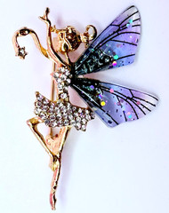 Gold Tone Rhinestones & Fairy With Purple Wings Brooch Contemporary