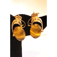 1/20 Gold Filled Tiger Eye Clip-On Earrings Vintage Floral Filigree 1.25″ bc-46