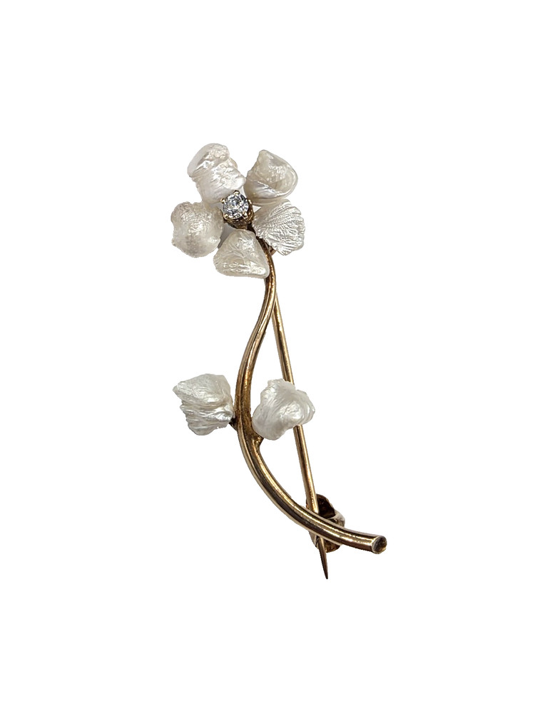 Vintage American Natural Freshwater Pearl and Diamond Brooch 14K