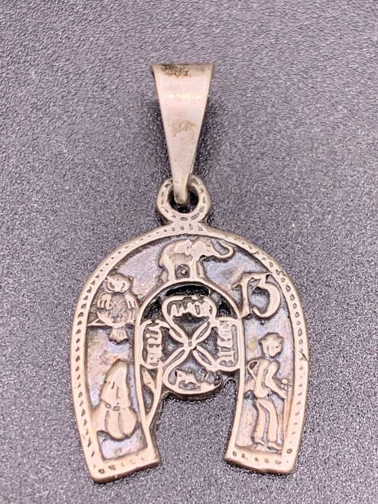Vintage sterling silver horseshoe good luck pendant symbolism owls 13 clover