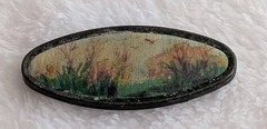 Vintage Framed Art Brooch Hand Painted On Silk Birds Flowers Landscape Design