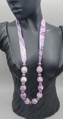 Vintage Purple Silk Wrapped Bead Necklace White Swirl Silver Tone Spacers 22″