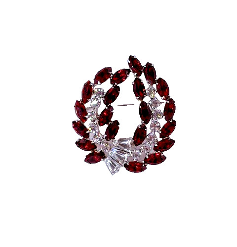 Vintage B. David silver tone brooch sparkly rhinestones red 1 1/2 inches