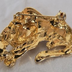 Vintage Gold Tone Leopard Cheetah Pin Brooch Green Eyed Rhinestones