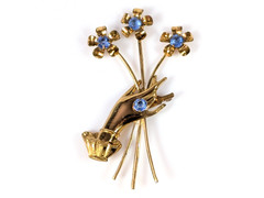 Vtg Ladies Hand Holding Flowers Brooch w Blue Crystal Rhinestones Floral Bouquet