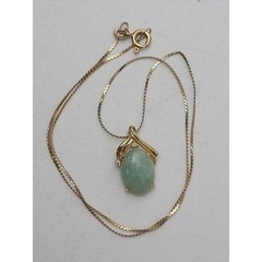 14K Yellow Gold Jade & Diamond Pendant on Flat Twisted Cable Chain Necklace