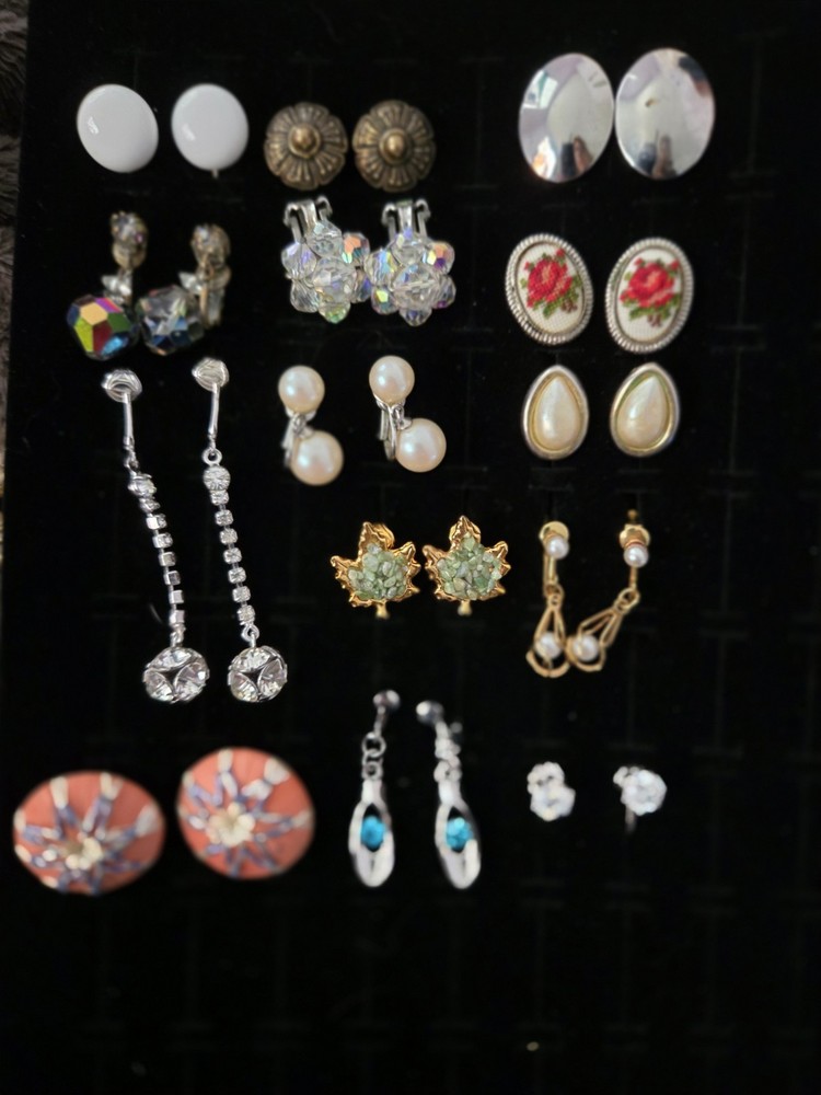 Vintage Now Earrings Lot Rhinestone Crystal Clip On Screw Back 14 Pairs Dangle