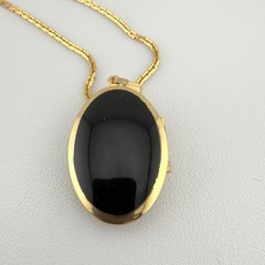 Vintage Gold Tone Black Oval Monogram Locket Necklace