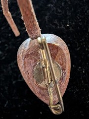 1960’s Teak Wood Mouse Brooch, Clear Rhinestone Eyes Leather Tail