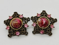 Filigree STAR Clip Earrings Pink Crystal Accent Ornate Vintage .75 in