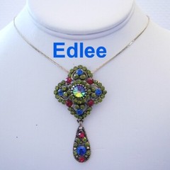 1950’s EDLEE Fab RIVOLI, Olivine, Egyptian Blue & RED Rhinestones Dangling PIN