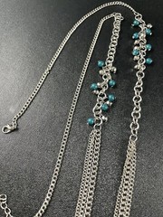 Vintage Layered Teal Green Charm Necklace 40” Silver Tone Metal Chains