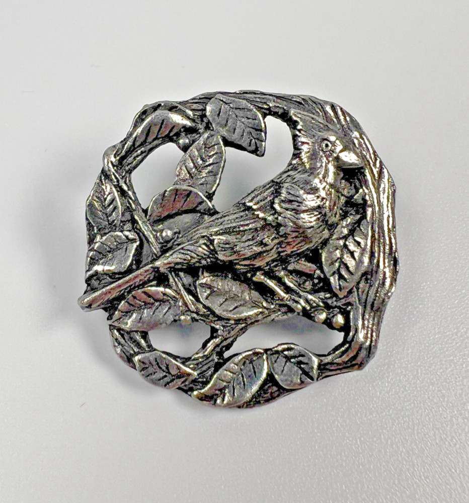 Cardinal BIRDS AND BLOOMS Limited Edition 1999 Vintage Pin Pewter Leaves