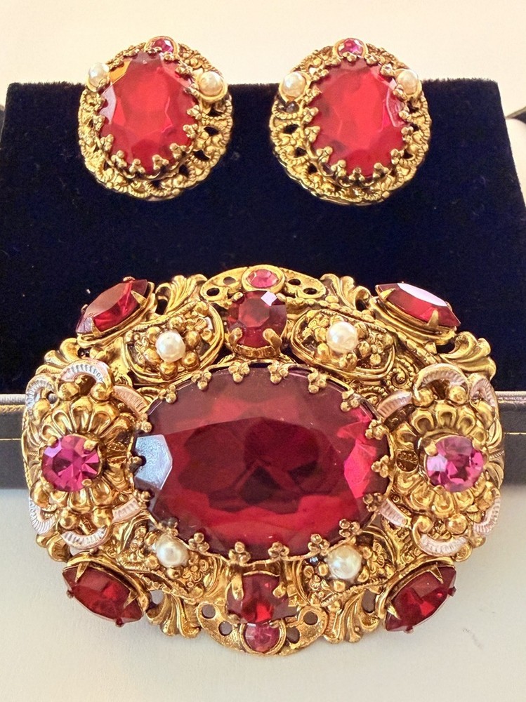 West Germany Gold Filigree Enamel Ruby Red & Pink Rhinestone Brooch & Earrings