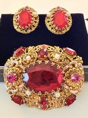 West Germany Gold Filigree Enamel Ruby Red & Pink Rhinestone Brooch & Earrings