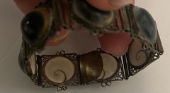 Victorian Silver Tone Filligree Opercullum/Shiva Eye Shells Link Bracelet # 9107