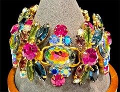 1964 JULIANA D&E HELIOTROPE WATERMELON RHINESTONE STATEMENT WIDE BRACELET BOOK