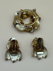 Vtg Judy Lee Gold Rose Leaf Wreath Brooch Clip Earrings Set
