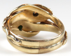 Vintage 14K Rose Gold Double Serpent Ring Diamond Natural Jade & Ruby Eyes Deco