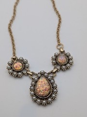 Vintage Gold Tone Necklace Faux Opal & Pearl Cabochon Statement
