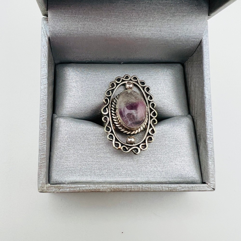 Vintage Filigree Ring Boho Silver Tone Purple Quartz Size 7 Statement Chic Mod