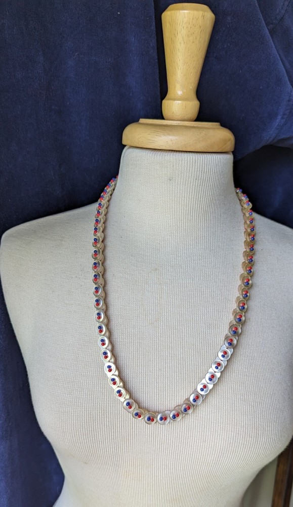 Vintage Handmade MOP Pearlized WHITE Button Double Sided RED BLUE Bead NECKLACE