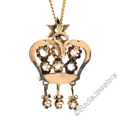 Antique Victorian 14K Gold .78ct Diamond Open Star Crown Dangle Pendant & Chain