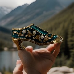 Signed JJI Shoe Pin Gold Tone Green Faux Pearls