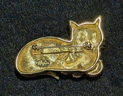 Napier Gold-Tone Green Eyed Cat With Rhinestone Ball Brooch, Signed