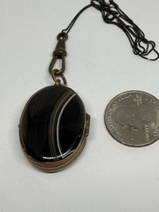 Victorian Double Sided Oval Banded Agate & Agate Locket Pendant Necklace 18”