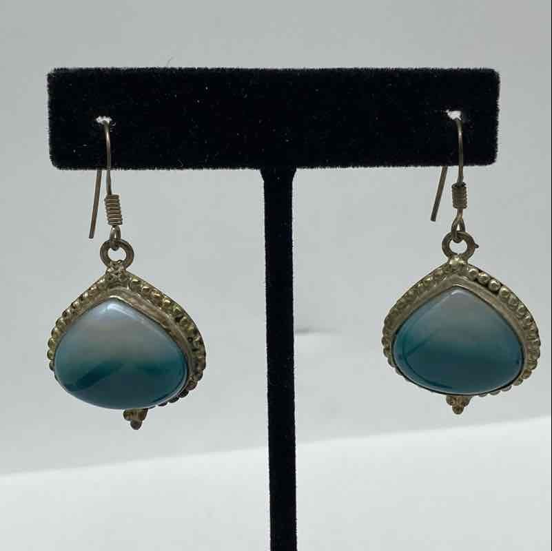 Sterling Silver 925 Teal Agate Cabochon Teardrop Drop Earrings Vintage 14.9g