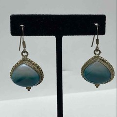Sterling Silver 925 Teal Agate Cabochon Teardrop Drop Earrings Vintage 14.9g
