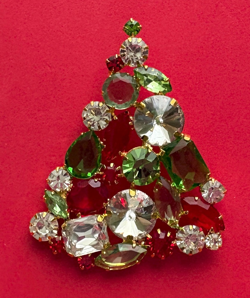 VINTAGE CHRISTMAS TREE PIN BROOCH CZECH GLASS GREEN RED RHINESTONES HTF MCM 55