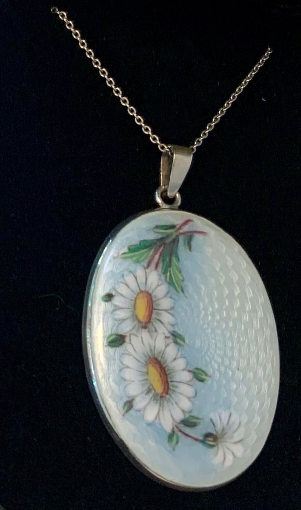 EXQUISITE Vintage 830 SILVER **HP ENAMEL GUILLOCHE**DAISIES**Pendant Necklace!!!