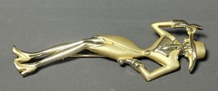 Vintage AJC Fashion Lady in Suit and Hat Brooch Gold Tone Pin 2 7/8 inch