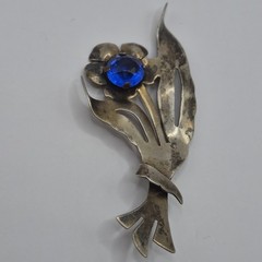 Vtg Sterling Silver Flower/Floral Brooch Pin Spring Blue Rhinestone Patina 3.5″