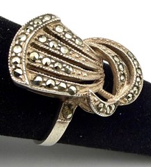 Vintage Sterling Silver Marcasite Bow Ring Signed Mid Century Art Deco