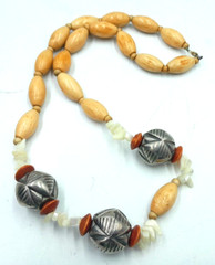 Vintage 1970’s Artisan Handmade Wood & Stone w/ Metal Orbs Beads 30″ Necklace