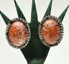 Vintge Signed Haskell Lg Oval Faux Coral Cab w/Rhinestone Border Clip Earrings