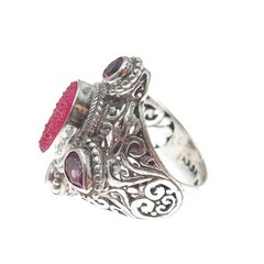 SARDA 925 Sterling Vintage Real Druzy Pink Topaz & Tourmaline Ring Size 5.25